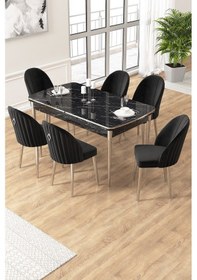 Resim Canisa Edaf Serisi 80x132 Açılabilir Siyah Mermer Desen Mutfak Masa Takımı 6 Siyah Sandalye Krom Detay Masa Siyah Mermer Desen Sandalye Siyah Krom Ayak 