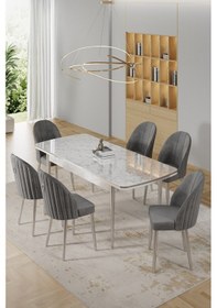 Resim Canisa Rada Serisi 80x132 Açılabilir Lak Panel Beyaz Mermer Desen Masa 6 Gri Sandalye Krom Detay Masa Beyaz Mermer Desen Sandalye Gri 