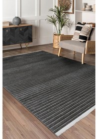 Resim Lidya Antrasit Pamuk Dokuma Yumuşak Halı Kaymaz Tabanlı, Yıkanabilen Modern Tasarımlı Kilim Antrasit 