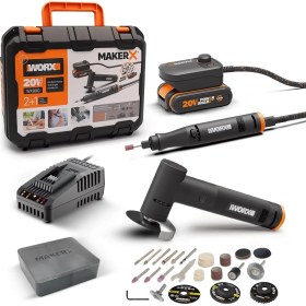 Resim Worx WX990 Makerx 20VOLT 2.0AH. Kömürsüz Profesyonel Kalem Tipi Devir Ayarlı Gravür + 50MM Açılı Avuç Taşlama Kombo Set + 39 Parça Aksesuar 