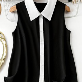 Resim Artı Boyutlu - Şık Artı Boyutlu Kolsuz Gömlek - Ruffled Hem, Düğmeli Ön, ve Kontrast Yaka ile Siyah ve Beyaz Renk Blok Tasarımı, Rahat veya Resmi Kıyafetler için Mükemmel, Bayanlar Bluzları 