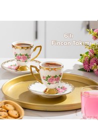 Resim Porsima 3188 Rosemary 12 Parça Yaldızlı Porselen Türk Kahve Fincan Takımı Çok Renkli 