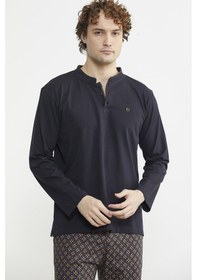 Resim Sementa Düğmeli Desen Kombinli Pijama Takım - Kahve Kahverengi 