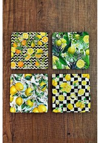 Resim Doğaltaş Bardak Altlığı 4'lü Set - 10x10x1cm Limon Desenler Baskılı - Stone Coasters Çok Renkli 