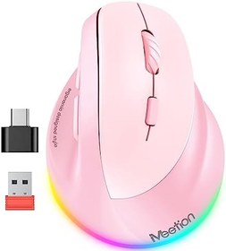 Resim MEETION Ergonomik fare, kablosuz dikey fare RGB arkadan aydınlatmalı şarj edilebilir fare, Bluetooth (5.2 + 3.0) USB-A Tip-c adaptörlü 4 ayarlanabilir DPI uyumlu Mac/Windows/Andriod/PC/Tablet/iPad 