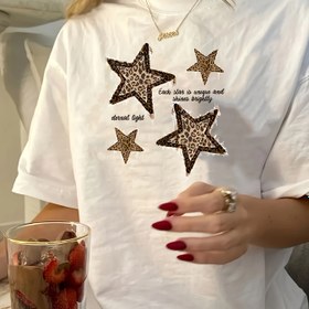 Resim Vintage İlhamlı Polyester Tişört, Crew Boyun, Normal Uzunluk, Örgü Kumaş, 150g/m², Geometrik Yıldız Deseni, Yaz Giysisi İçin 