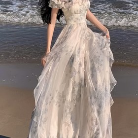 Resim Şık Omuzlu Çiçekli Maxi Elbise - Hafif Polyester Plaj Elbisesi Kadınlar İçin, Tatil ve Yaz Gezileri İçin Mükemmel, Plaj Elbiseleri 