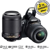 Resim Nikon D3100 18-55 VR + 55-200 VR Kit 14.2 MP 3" LCD Dijital SLR Fotoğraf Makinesi 