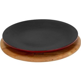 Resim Lava Döküm Yuvarlak Servis Tabağı Ve Kayın Servis Ahşabı. Çap Ø 21cm.-bordo Bordo 