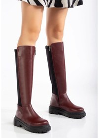 Resim 812-305 Bordo Arkası Streç Fermuarlı Günlük Kadın Çizme Çok Renkli 