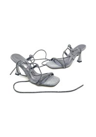 Resim Feles Bilekten Bağlamalı Taş Detaylı Topuklu Kadın Abiye Ayakkabı Platin 