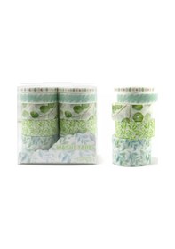 Resim Vintage Washi Tape Bant Baskılı Yapışkanlı Maskeleme Kağıdı 45d Desenli Bant 10'lu - Yeşil Yapraklar 1 