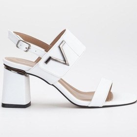 Resim Kalın Bantlı Topkalı Cilt Beyaz Kadın Topuklu Sandalet-2902-beyaz Beyaz 