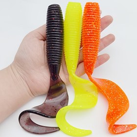 Resim 2 Adet Yumuşak Plastik Balıkçılık Yemi 165mm/6.5in/52g Parlak Benekli Bass Kuyruk Tasarımı - Sarı & Turuncu, Tatlı ve Tuzlu Su Balığı için Yapay Yem, Balıkçılar İçin Hediye, Speckled Desenli Bass Yemi 