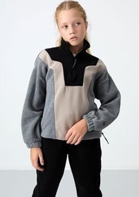 Resim TOMMY LIFE TOMMYLIFE Koyu Bej Kalın Yumuşak Dokulu Oversize Nakışlı Polar Kız Çocuk Sweatshirt, T16KG-75153 