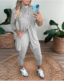 Resim Efnaz Style Kadın Uzun Kollu Balıkçı Yaka Önden Düğmeli Bluz Ve Pantolon Yumoş Ikili Takım Gri 