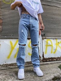 Resim Kot Rengi Dizi Yırtık Baggy Jean-Erkek Kot Mavi 