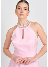 Resim Saygın Kadın Halter Yaka Saten Midi Abiye Elbise 5624 Pembe Pembe 