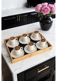 Resim Atbyhome Aden Bambu Siyah Tepsili 6 Kişilik Türk Kahvesi Fincan Takımı Seti Beyaz 