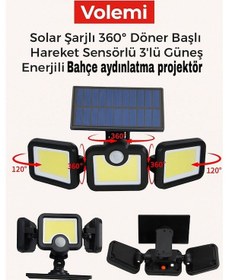 Resim Volemi Üçlü Solar Led Projektör Beyaz Işık Sensörlü Dış Mekân Aydınlatma 