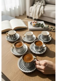 Resim Akayev Gold Detaylı Porselen Siyah Beyaz 6 Kişilik Kahve Fincan Takımı Beyaz 