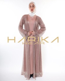 Resim Kristallerle işlenmiş el işlemeli altın ferace - 3XL 