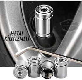 Resim Kilitlemeli Sibop Kapağı Alyanlı Sibop Kapağı Araba Motosiklet Bisiklet Metal Sıkmalı Gümüş 4 Lü 