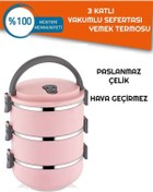 Resim KURCH 3 Katlı Taşınabilir Yemek Termosu Vakumlu Sefer Tası Gıda Saklama Kabı 2,25 Litre Pembe 