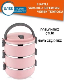 Resim KURCH 3 Katlı Taşınabilir Yemek Termosu Vakumlu Sefer Tası Gıda Saklama Kabı 2,25 Litre Pembe 