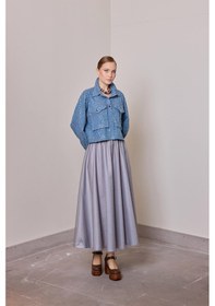 Resim R4 Julianna Çift Kat Tül Beli Lastikli Kloş Etek Mavi 