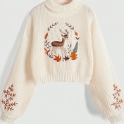 Resim Kadınlar İçin Şık Geyik & Sonbahar Yaprakları Nakışlı Yüksek Boyunlu Kazak - Düşük Omuz Uzun Kollu Kırpılmış Üst, Kahverengi Sonbahar/Kış Modası, Günlük Şık Giyim, Rustik Çekicilikli Detaylı İşlemeli 