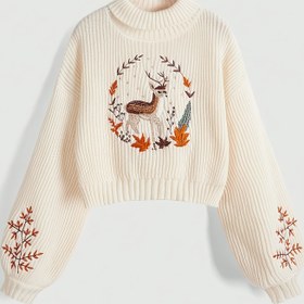 Resim Kadınlar İçin Şık Geyik & Sonbahar Yaprakları Nakışlı Yüksek Boyunlu Kazak - Düşük Omuz Uzun Kollu Kırpılmış Üst, Kahverengi Sonbahar/Kış Modası, Günlük Şık Giyim, Rustik Çekicilikli Detaylı İşlemeli 