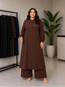 Resim soBasic Büyük Beden Tesettür İkili Takım Çilek Kumaş Rahat Kalıp Beli Lastikli Pantolonlu Tunik Takım 