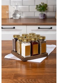 Resim 9'lu Ahşap Standlı Cam Baharatlık Seti Gold Kapaklı Etiketli Baharatlık Mh01gld09 Gold - Şeffaf 