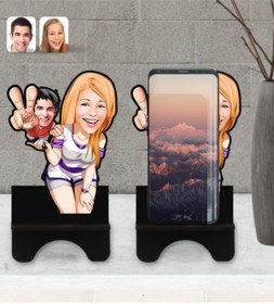 Resim Bk Gift Kişiye Özel Sevgililer Karikatürlü Ahşap Biblo Telefon Standı-30 