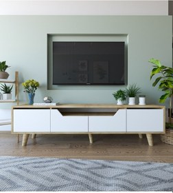 Resim Roma Ahşap Ayaklı Tv Ünitesi Tv Sehpası Safir Meşe - Beyaz 