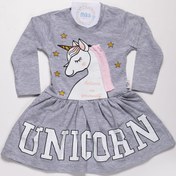 Resim Mika Bebek & Çocuk Unicorn Desenli Kız Çocuk Gri Yazlık Elbise 