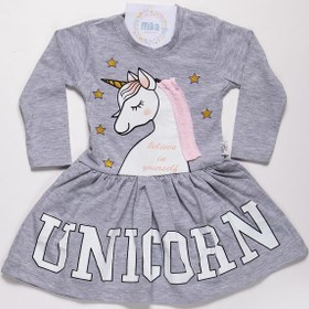 Resim Mika Bebek & Çocuk Unicorn Desenli Kız Çocuk Gri Yazlık Elbise 