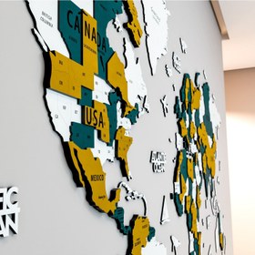 Resim 3D Ahşap Dünya Haritası - Altın, Mavi ve Krem Modern Duvar Dekoru - 150x80 cm / İspanyolca 