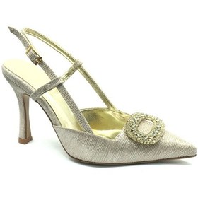 Resim Feles Taş Toka Detaylı Arkası Açık Stiletto Kadın Topuklu Ayakkabı Altin 
