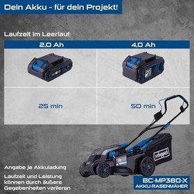 Resim Scheppach Akülü çim biçme makinesi BC-MP380-X 20V fırçasız akülü çim biçme makinesi | 38 cm kesme genişliği | 450 - 500 m2 için | 25 - 75 mm kesme yüksekliği ayarı | 45 l sepet | 20 V-IXES serisi | 2 