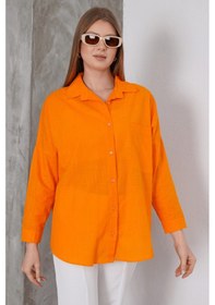Resim Paw Garage Kadın London Keten Tek Cepli Oversize Gömlek, Premium Kalite Keten Gömlek Turuncu 