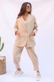 Resim Beli Lastikli Keten Kumaş Camel Renk Pantolon P50455 
