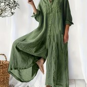 Resim 1 adet Kadın Rahat Midi Palazzo Tulum, Düz Renk Uzun Kollu Bol Kesim Hırka Yaka, Rayon/Viskon Dokuma Kumaş, Düğme Detayı, İlkbahar/Sonbahar Modası 