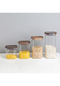 Resim Finehome Pienza Akasya Kapaklı Cam Saklama Kabı Seti 4'Lü Çok Renkli 