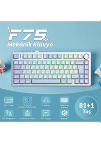 Resim Aula F75 Mekanik Rgb Tkl Graywood V4 Switch Kablosuz Makrolu Hot Swap Türkçe Q Klavye Buz Mavisi 