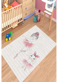 Resim Dijital Baskılı Balerin Tavşanlı Çocuk Desen Dekoratif Yıkanabilir Kaymaz Taban Çocuk Halısı Çok Renkli 