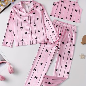 Resim 3'lü Kız Çocukları Sevgililer Günü Pijama Takımı - Sevimli Kalp & Fiyonk Deseni, Uzun Kollu Yaka Üst, Uygun Pantolon & Kolsuz Üst - Yumuşak Polyester, Esnemez Kumaş İlkbahar/Yaz/Sonbahar için, Kız Çocukları Uyku Giyimi Seti|Oynak Tasarım|Düz Dokulu, Kız Pijama Seti 