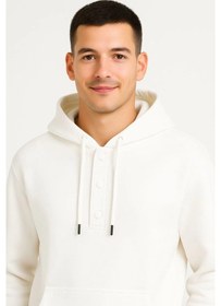 Resim Erkek Ovarsize Kapüşonlu Swetshirt Kanguru Çepli Cıtcıtlı 3 Iplik Şardonlu Hoodie - Beyaz Beyaz 