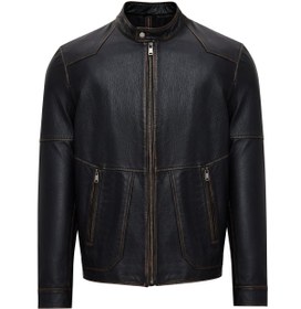 Resim James Men's Black Stand Collar Leather Jacket 